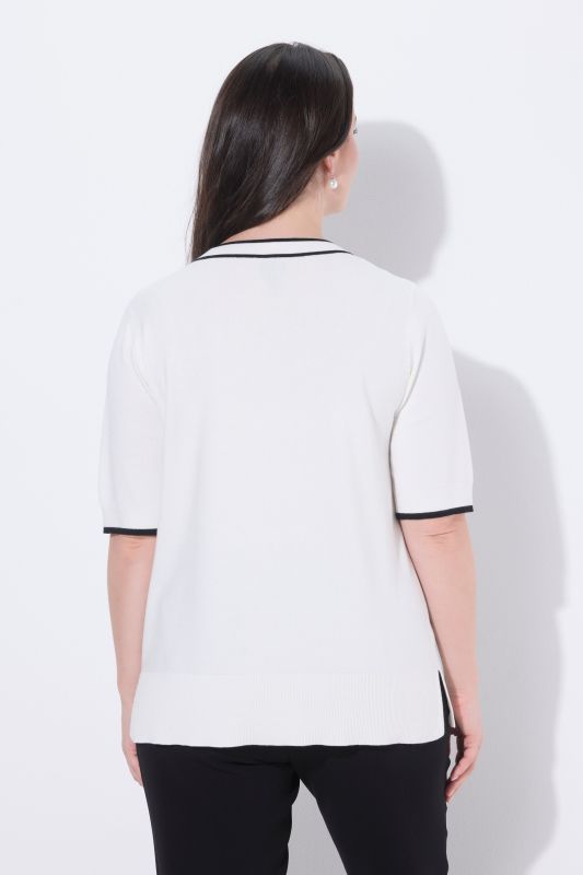 Pull twinset, fleurs brodées avec paillettes, col rond et manches courtes