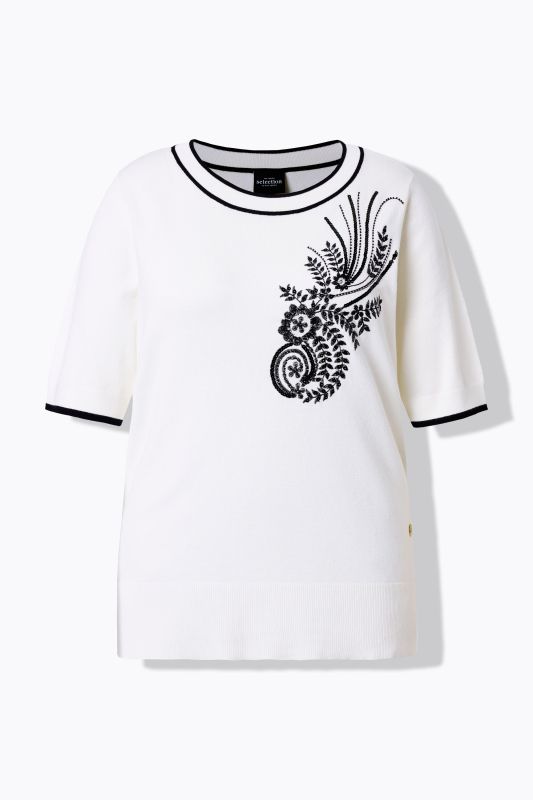 Pull twinset, fleurs brodées avec paillettes, col rond et manches courtes