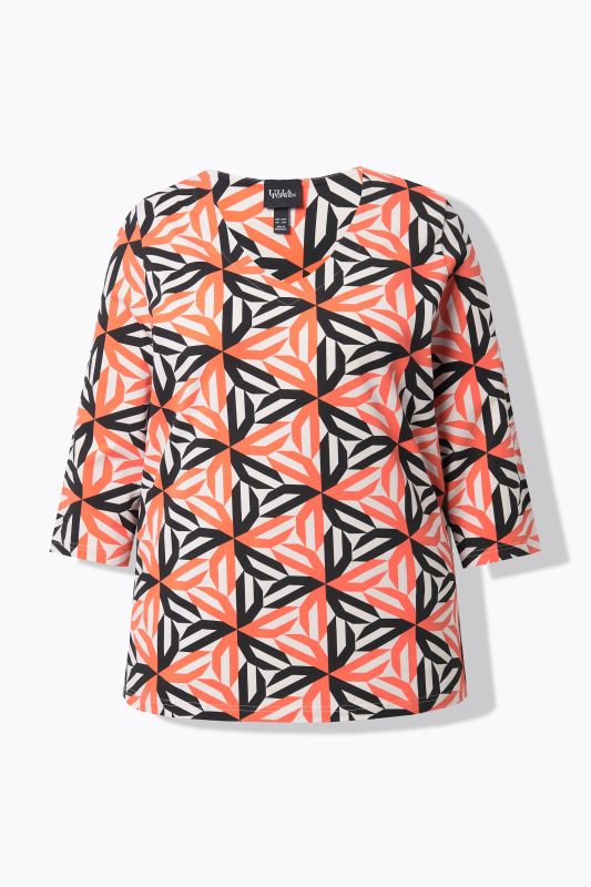 T-shirt imprimé graphique, décolleté en V et manches 3/4, coupe évasée