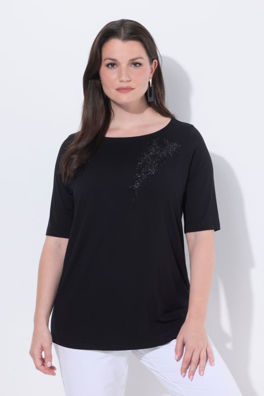 T-shirt manches courtes et encolure bateau, motif fantaisie en petits sequins