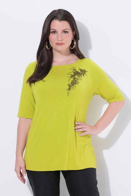 T-shirt manches courtes et encolure bateau, motif fantaisie en petits sequins