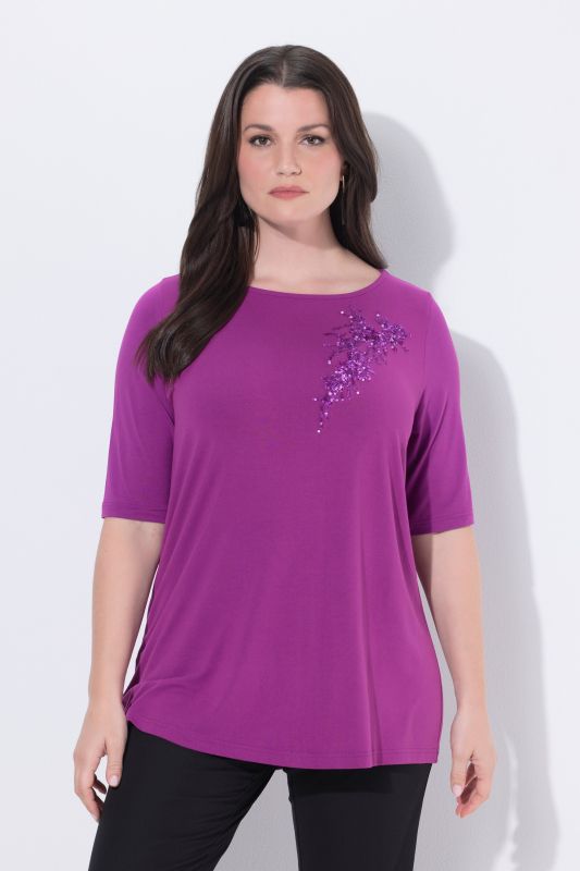 T-shirt manches courtes et encolure bateau, motif fantaisie en petits sequins