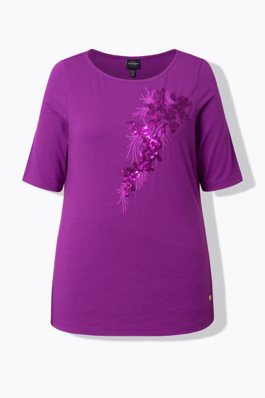 T-shirt manches courtes et encolure bateau, motif fantaisie en petits sequins