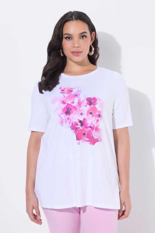 T-shirt en coton Pima, motif à fleurs, col rond et manches courtes, coupe évasée