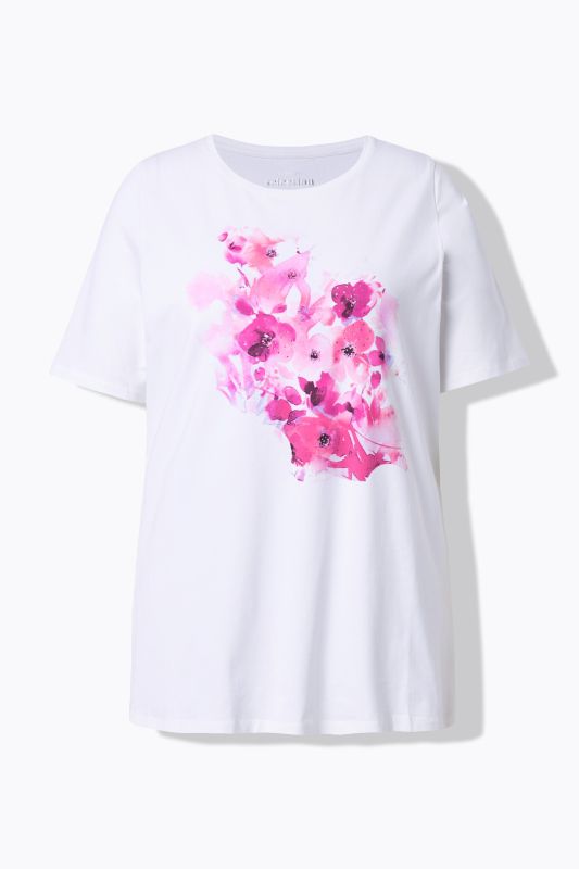 T-shirt en coton Pima, motif à fleurs, col rond et manches courtes, coupe évasée