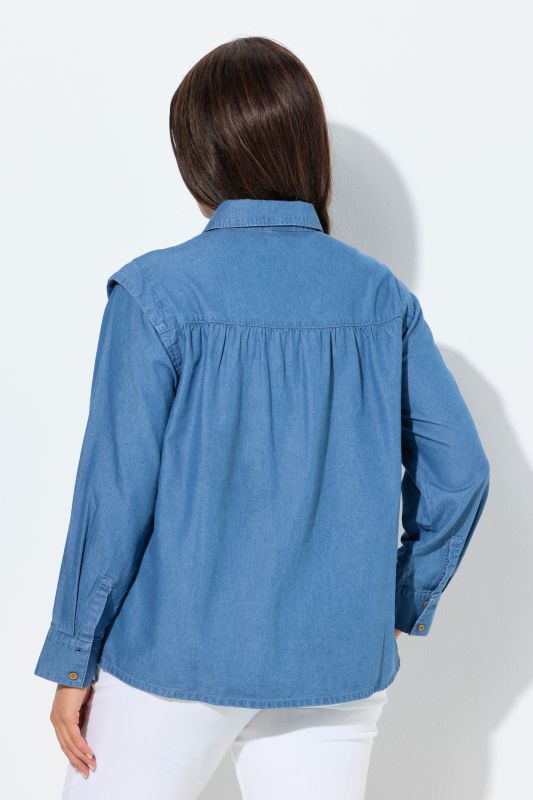 Chemisier en jean, épaules avec empiècement, col chemise et manches longues