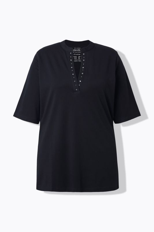 T-shirt en coton Pima, col montant et manches courtes, strass fantaisie