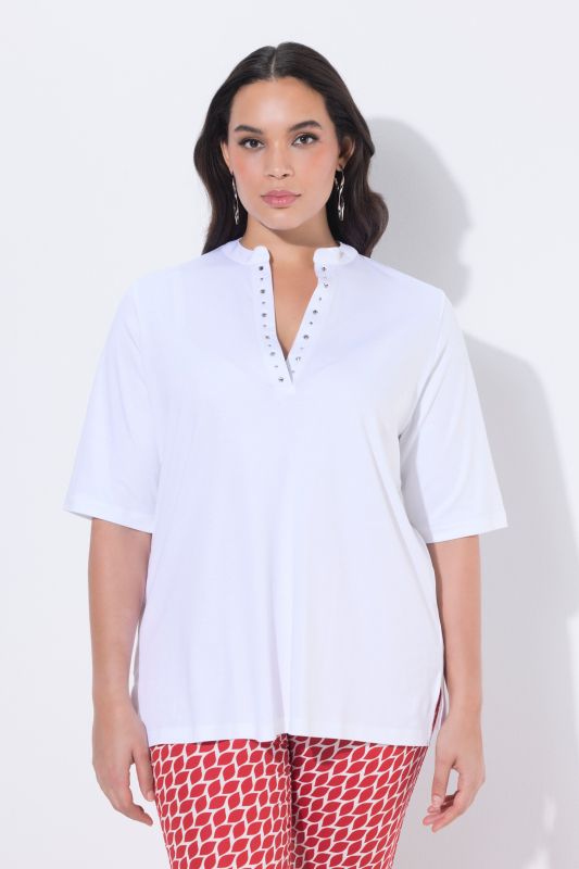 T-shirt en coton Pima, col montant et manches courtes, strass fantaisie