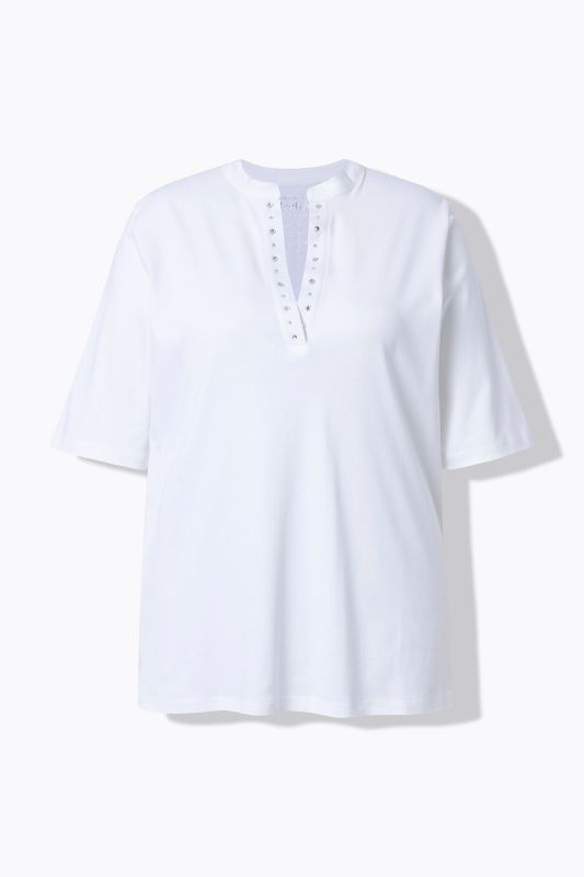 T-shirt en coton Pima, col montant et manches courtes, strass fantaisie