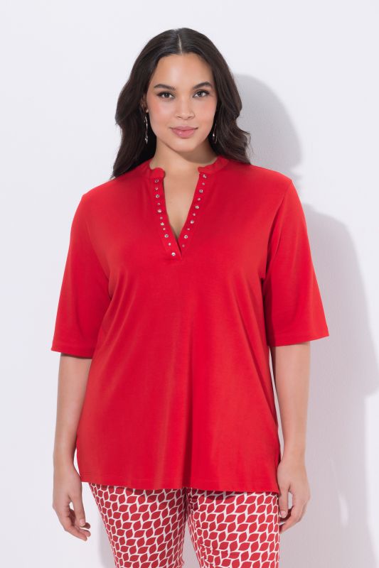 T-shirt en coton Pima, col montant et manches courtes, strass fantaisie