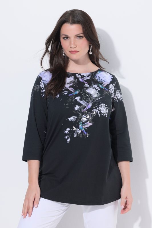 T-shirt en coton Pima, encolure bateau et manches 3/4, coupe évasée