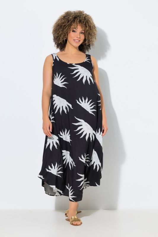 Robe midi sans manches, motif soleils, décolleté rond et coupe évasée