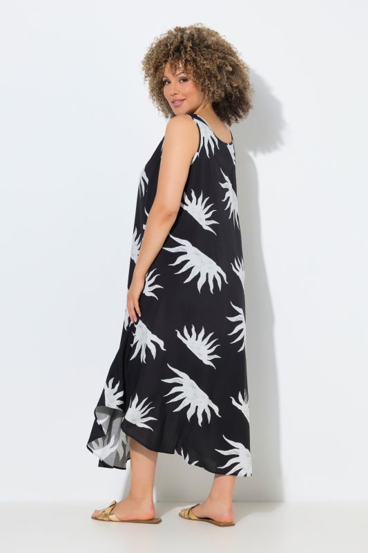 Robe midi sans manches, motif soleils, décolleté rond et coupe évasée