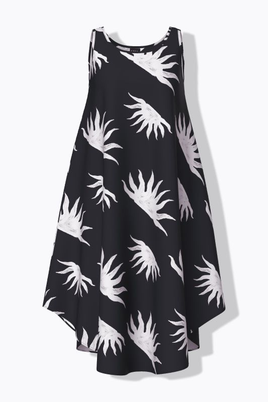 Robe midi sans manches, motif soleils, décolleté rond et coupe évasée