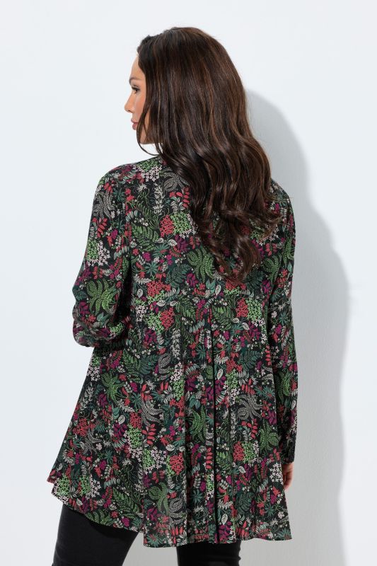 Blouse à fleurs, manches longues et plis godet, coupe évasée
