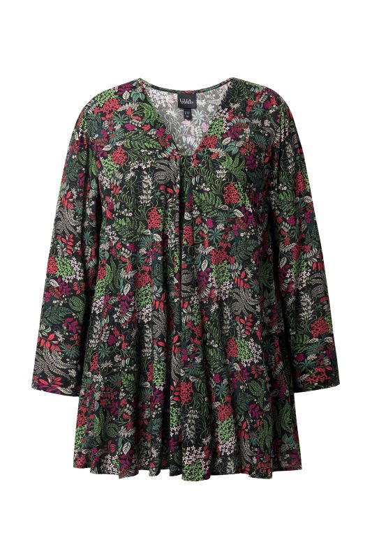 Blouse à fleurs, manches longues et plis godet, coupe évasée