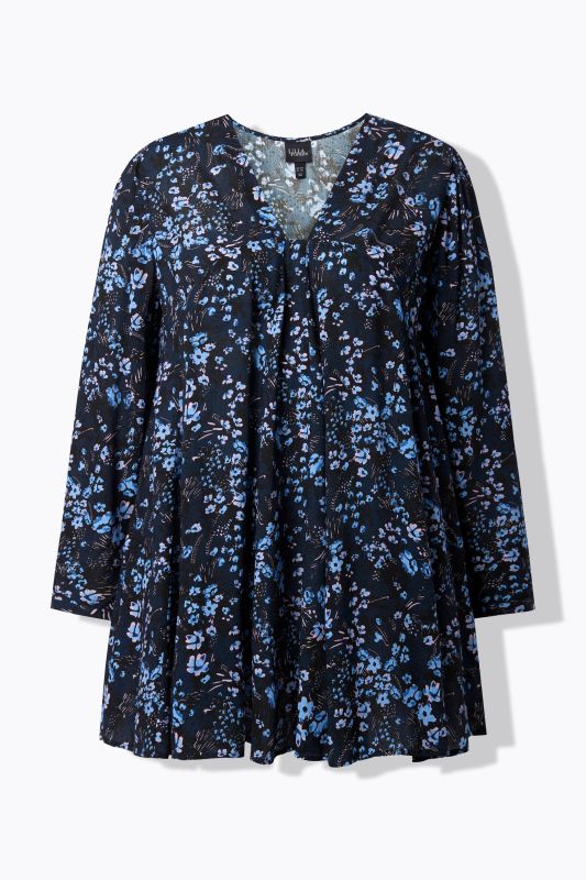 Blouse à fleurs, manches longues et plis godet, coupe évasée