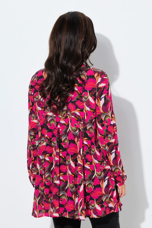 Blouse à fleurs, manches longues et plis godet, coupe évasée