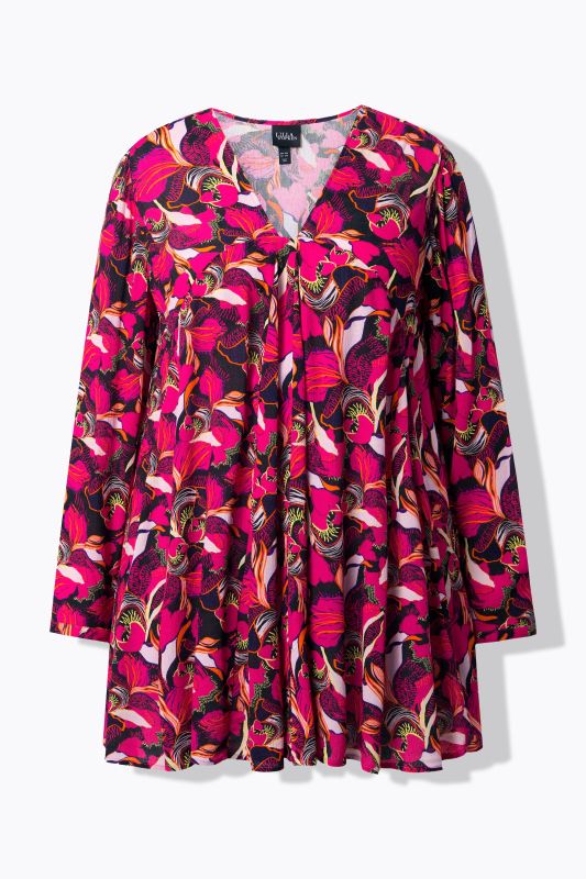 Blouse à fleurs, manches longues et plis godet, coupe évasée