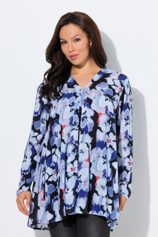 Blouse à fleurs, manches longues et plis godet, coupe évasée