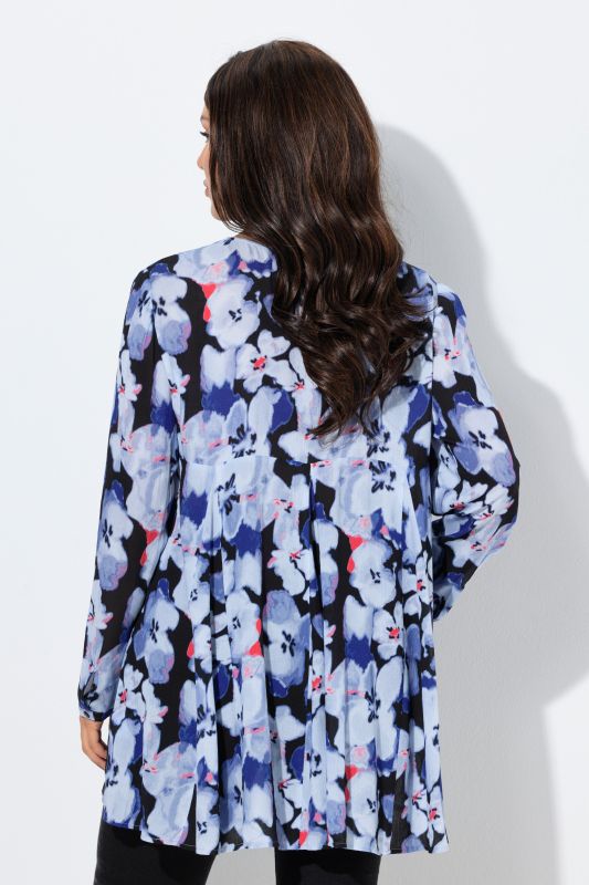 Blouse à fleurs, manches longues et plis godet, coupe évasée