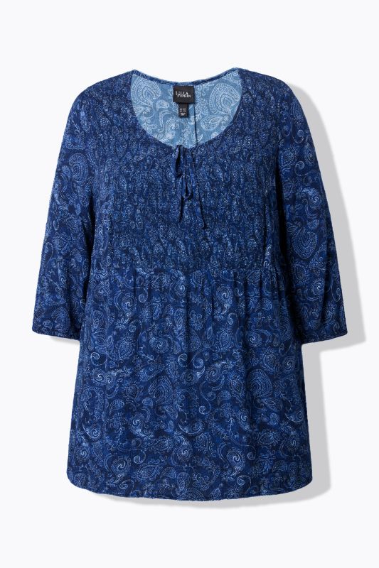 Blouse smockée, décolleté rond et manches 3/4, pli d'aisance dans le cos