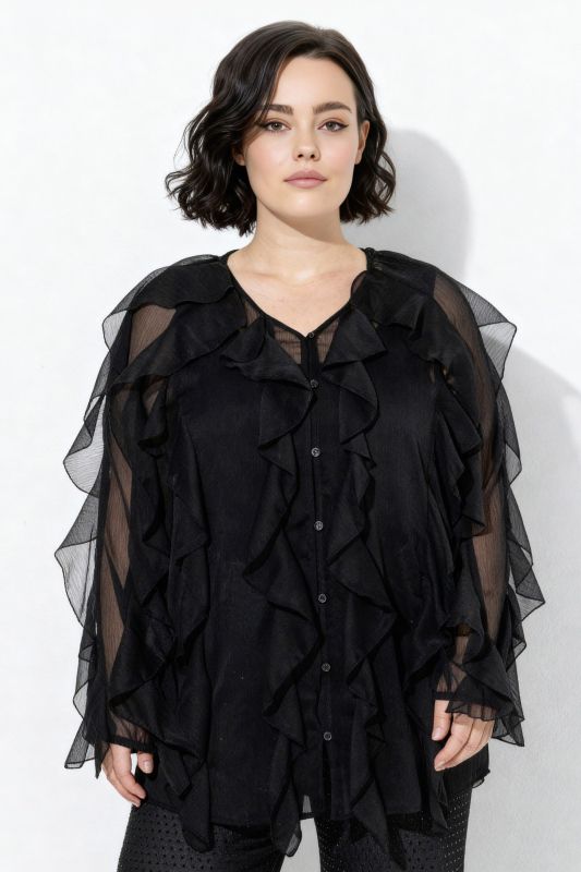 Blouse à volants, coupe évasée, décolleté en V et manches longues