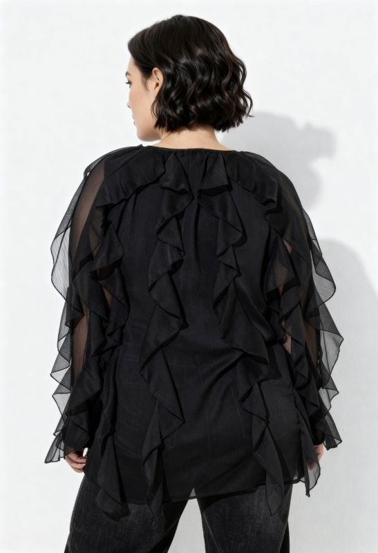 Blouse à volants, coupe évasée, décolleté en V et manches longues