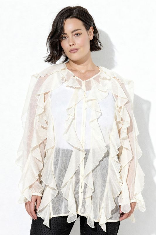 Blouse à volants, coupe évasée, décolleté en V et manches longues