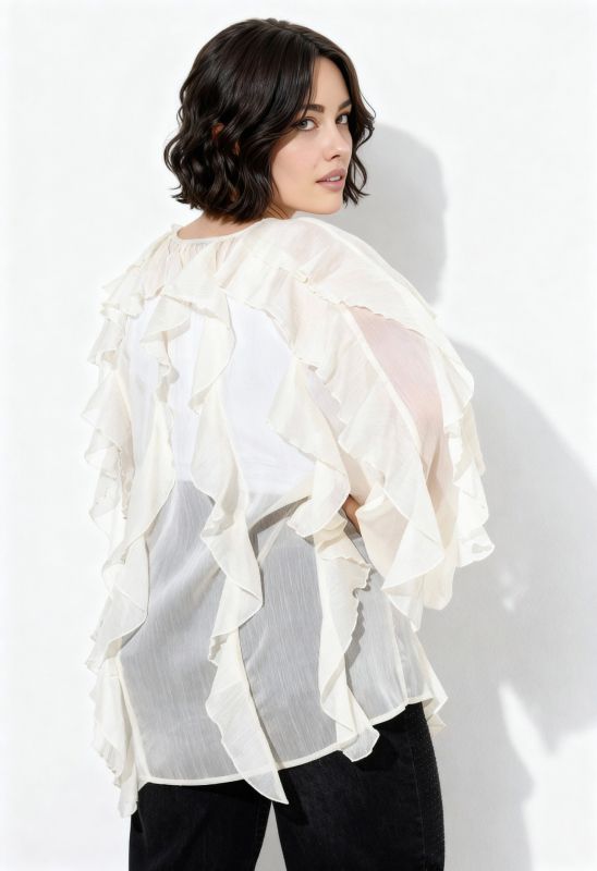 Blouse à volants, coupe évasée, décolleté en V et manches longues