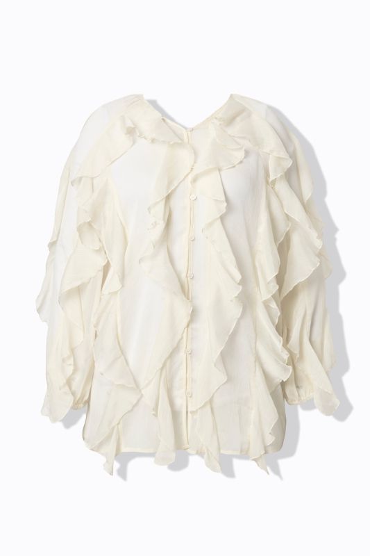 Blouse à volants, coupe évasée, décolleté en V et manches longues