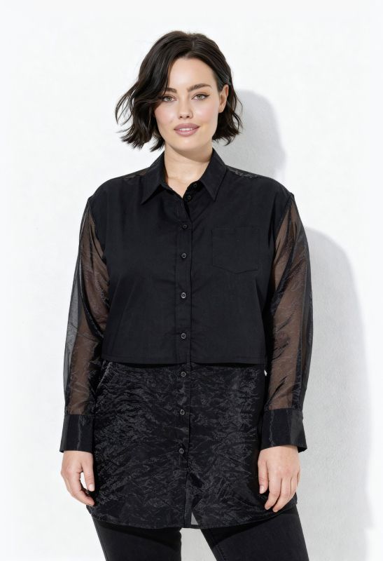 Chemisier à manches longues et col chemise, mélange de matières