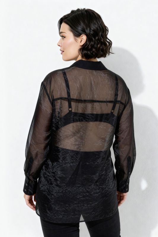 Chemisier à manches longues et col chemise, mélange de matières