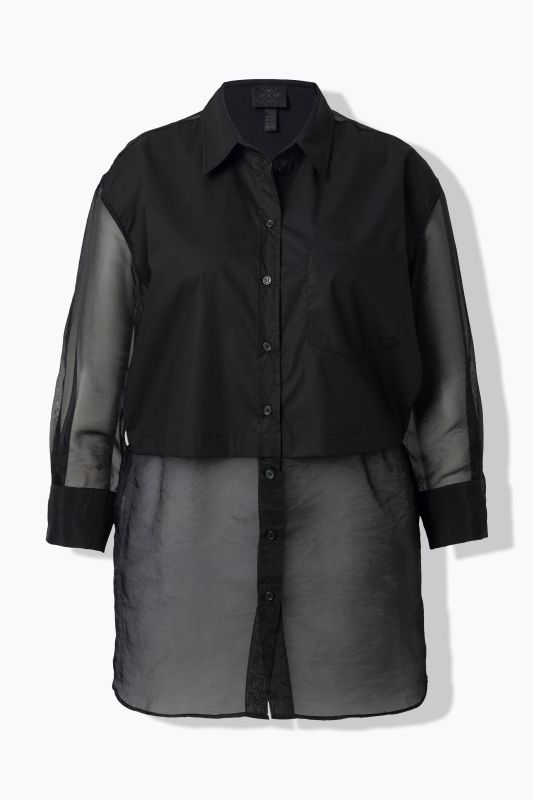 Chemisier à manches longues et col chemise, mélange de matières