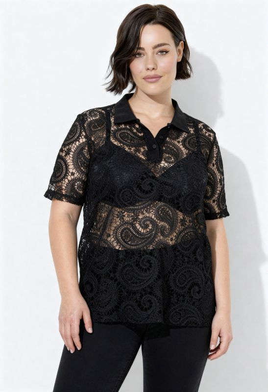 Polo en dentelle, coupe Classic Fit, col polo et manches courtes