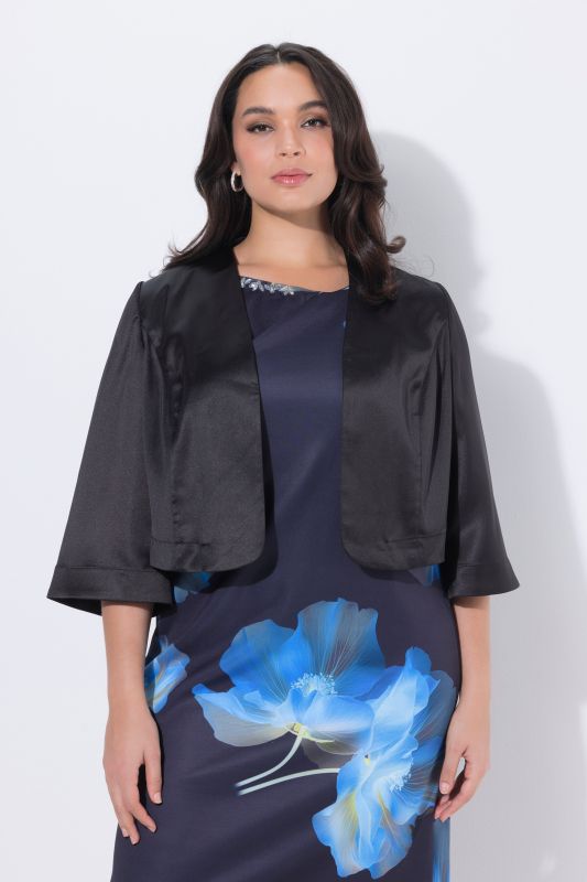 Boléro en satin, coupe courte sans fermeture, col calice et manches longues