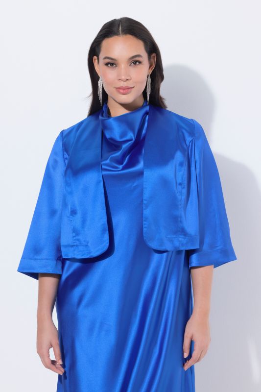 Boléro en satin, coupe courte sans fermeture, col calice et manches longues