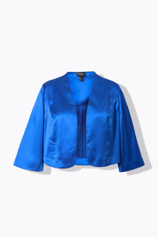 Boléro en satin, coupe courte sans fermeture, col calice et manches longues