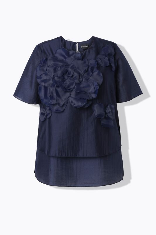 Blouse en mousseline, applications fleurs et décolleté rond