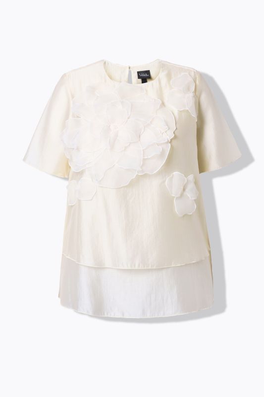 Blouse en mousseline, applications fleurs et décolleté rond