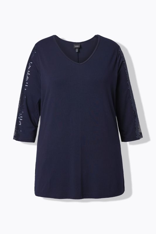 T-shirt décolleté en V et manches 3/4, manches avec bande en mesh habillée de paillettes