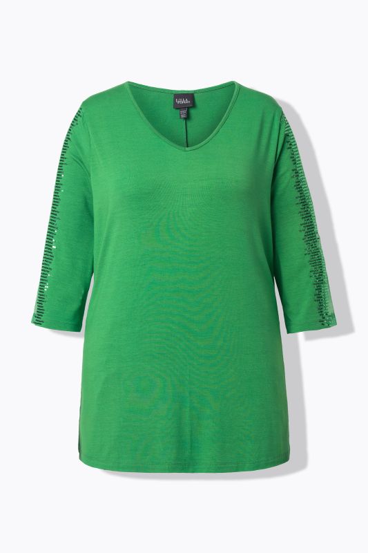 T-shirt décolleté en V et manches 3/4, manches avec bande en mesh habillée de paillettes