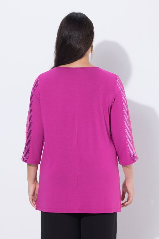 T-shirt décolleté en V et manches 3/4, manches avec bande en mesh habillée de paillettes