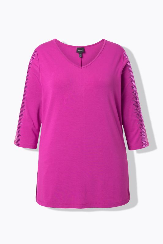 T-shirt décolleté en V et manches 3/4, manches avec bande en mesh habillée de paillettes