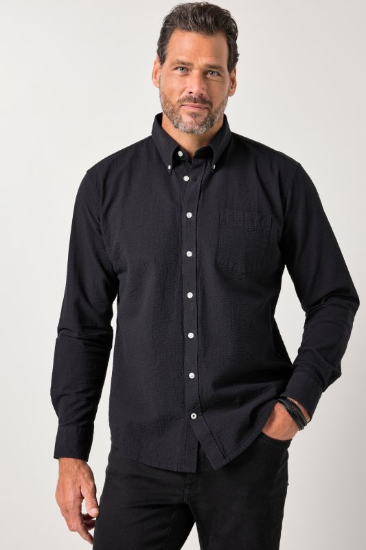 Chemise JP 1880 en seersucker, manches longues et col à pointes boutonnée, coupe Modern Fit - jusqu'au 8 XL