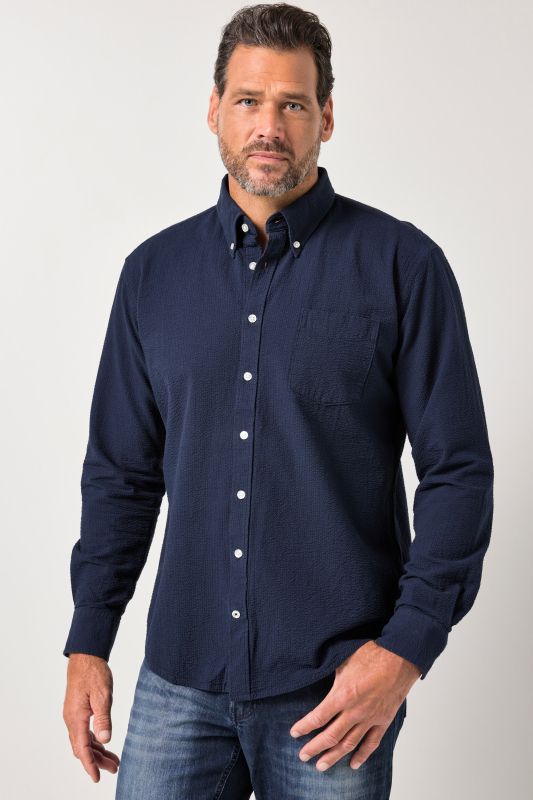 Chemise JP 1880 en seersucker, manches longues et col à pointes boutonnée, coupe Modern Fit - jusqu'au 8 XL