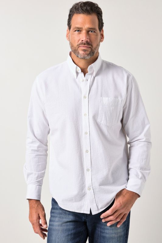 Chemise JP 1880 en seersucker, manches longues et col à pointes boutonnée, coupe Modern Fit - jusqu'au 8 XL