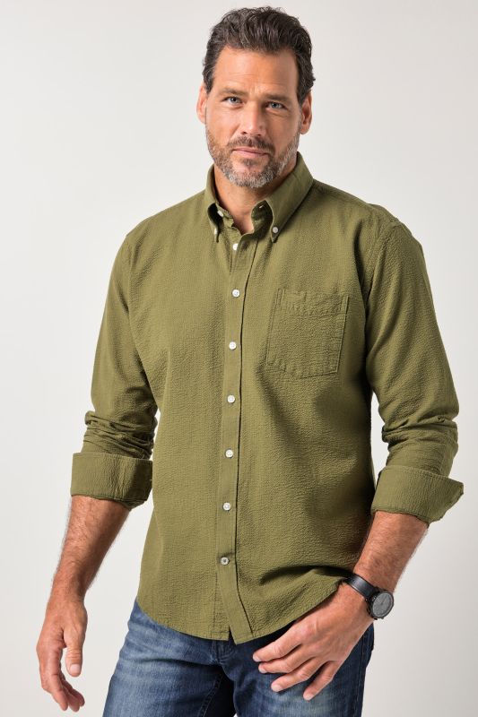 Chemise JP 1880 en seersucker, manches longues et col à pointes boutonnée, coupe Modern Fit - jusqu'au 8 XL