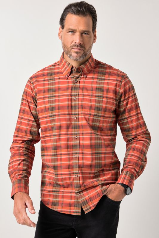 Chemise à carreaux JP 1880, manches longues et col à pointes boutonnée, coupe Modern Fit - jusqu'au 8 XL