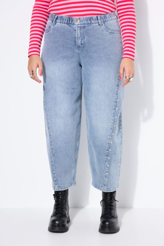 Jean Barrel avec rivets fantaisie, jambe ballon et taille haute